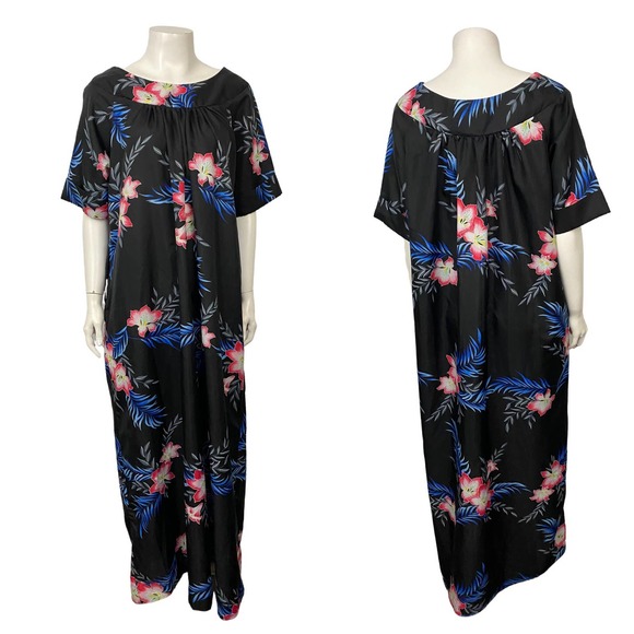 1980s Floral Hawaiian Muumuu Maxi Dress Boatneck / Women’s Medium - Picture 3 of 5